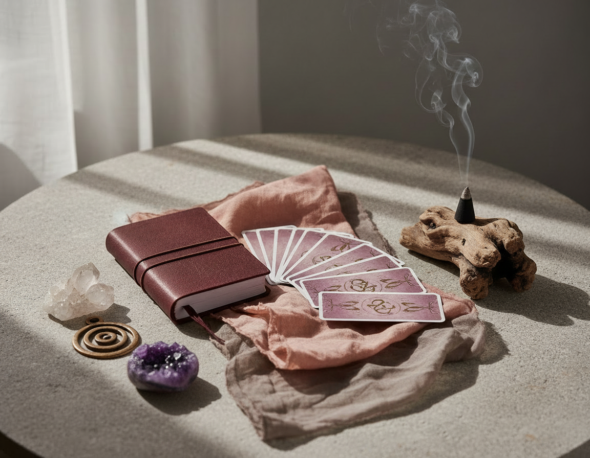 Brown leather notebook, tarot cards, and crystals on a textured surface with a soft light background