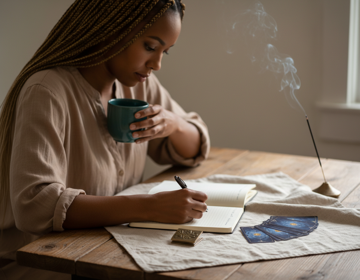 Woman sitting at a table with a mug, pen, and tarot cards, surrounded by incense.
